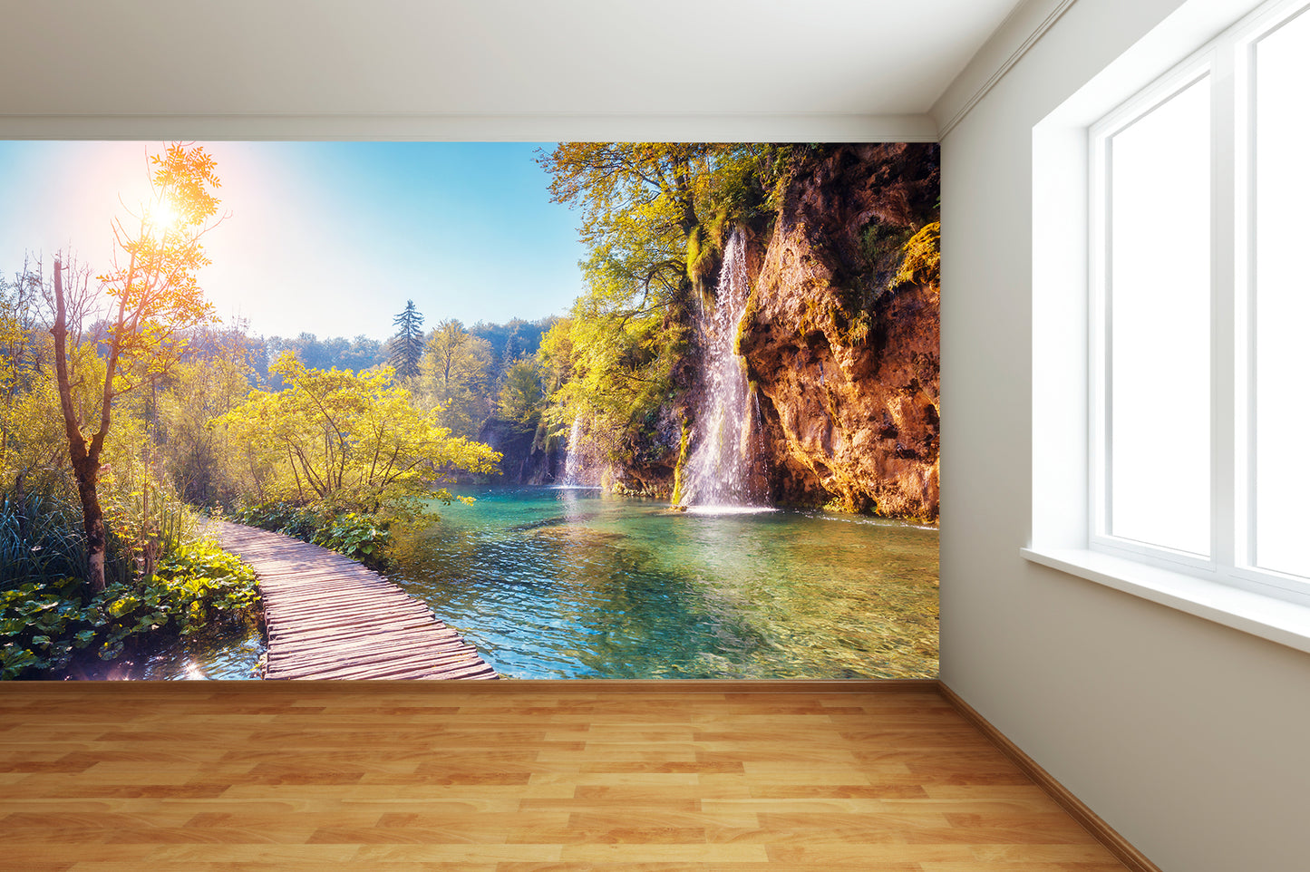 Autumn Lake & Wooden Path Wall Mural