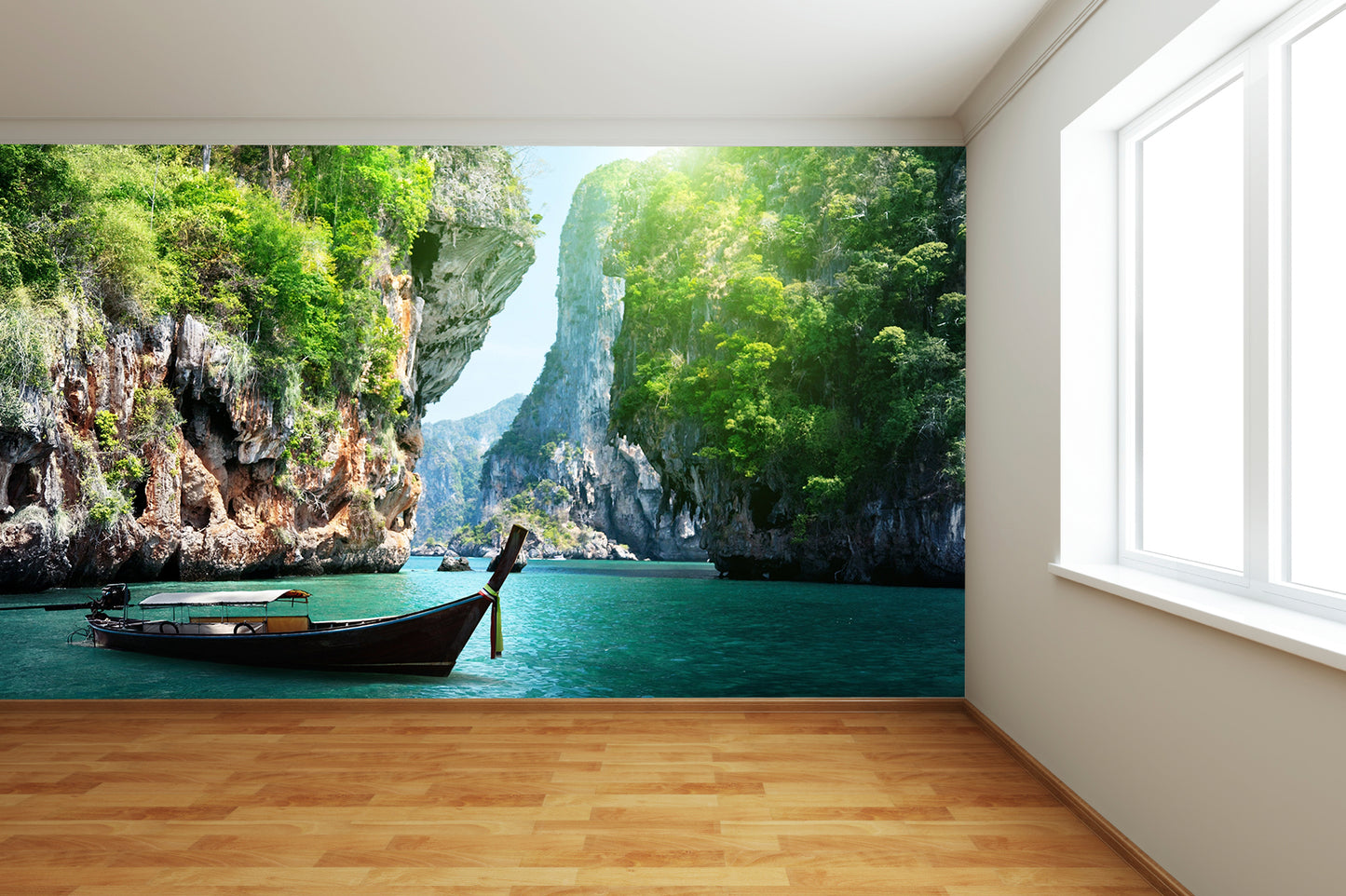 Boat Anchered by Ocean Cliffs Wall Mural