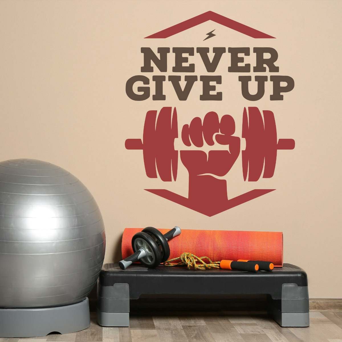Gym Wall Sticker - Never Give Up Dumbbell Power Quote