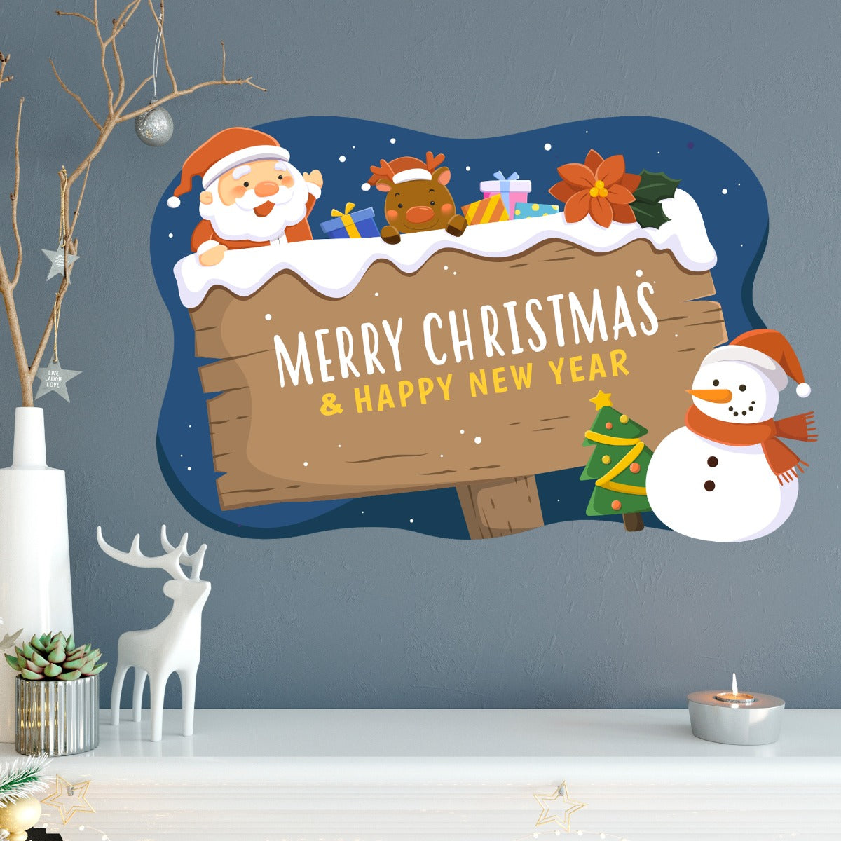 Night Time Merry Christmas Wooden Sign Wall Decal