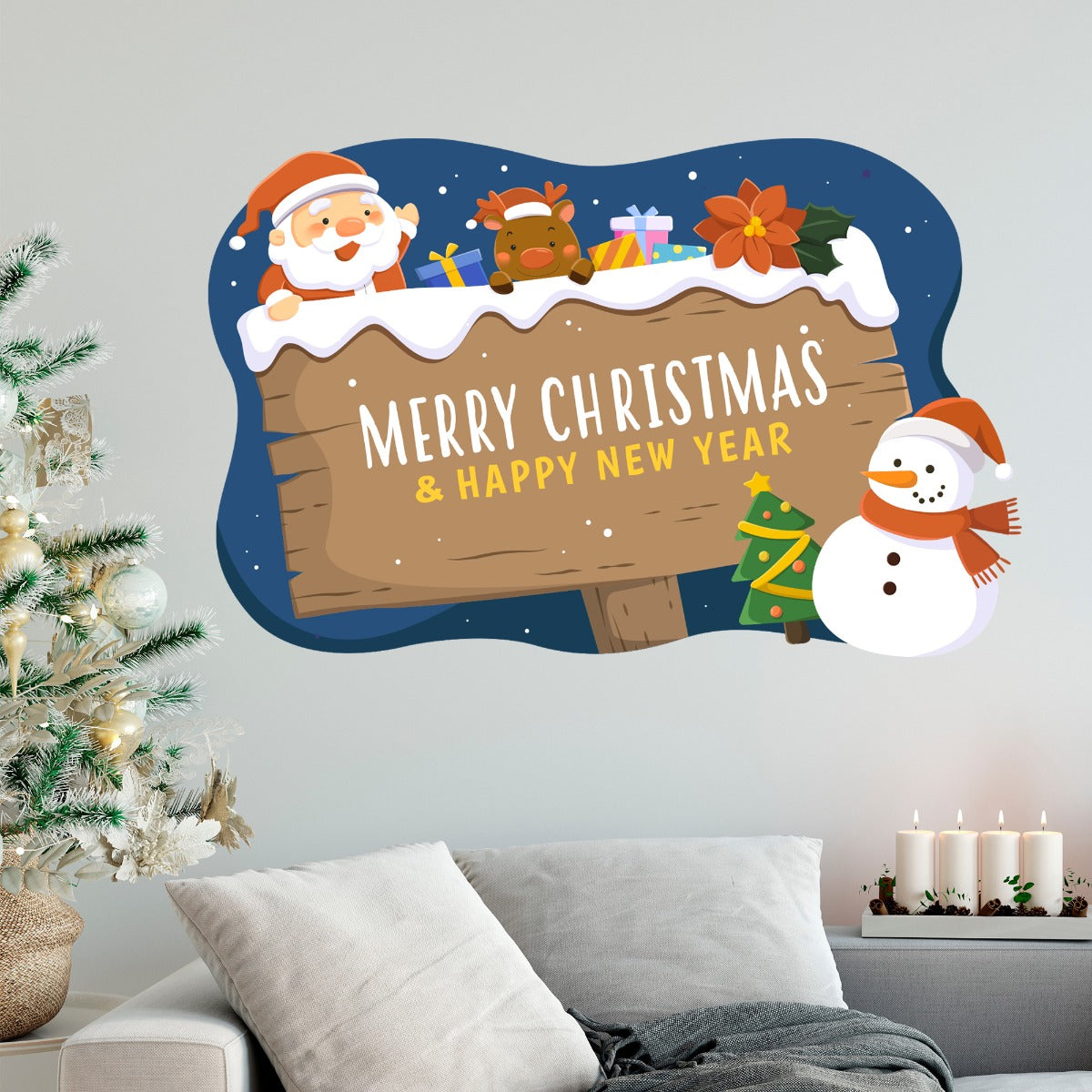 Night Time Merry Christmas Wooden Sign Wall Decal