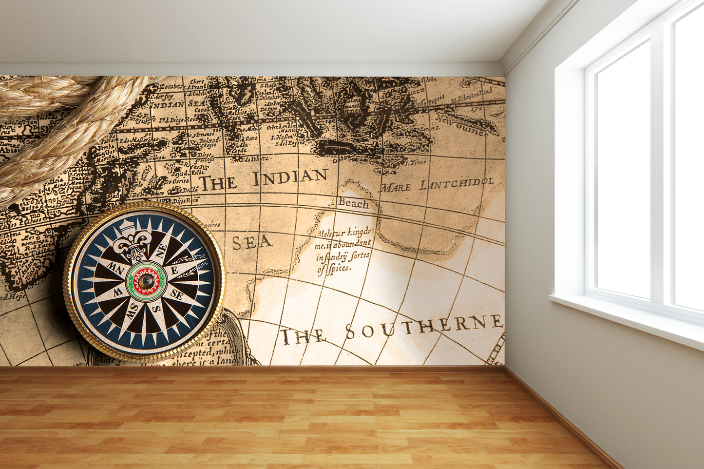 Old Compass & Rope on Vintage Map Wall Mural