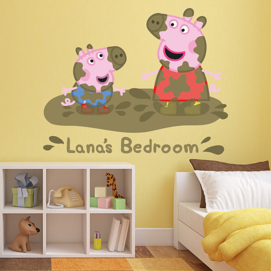 Peppa Pig Wall Sticker - Peppa and George Muddy Puddle Personalised Name