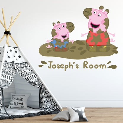 Peppa Pig Wall Sticker - Peppa and George Muddy Puddle Personalised Name