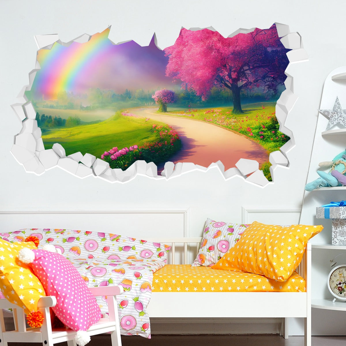Rainbow Wall Sticker - Pink Rose Garden Rainbow Broken Wall