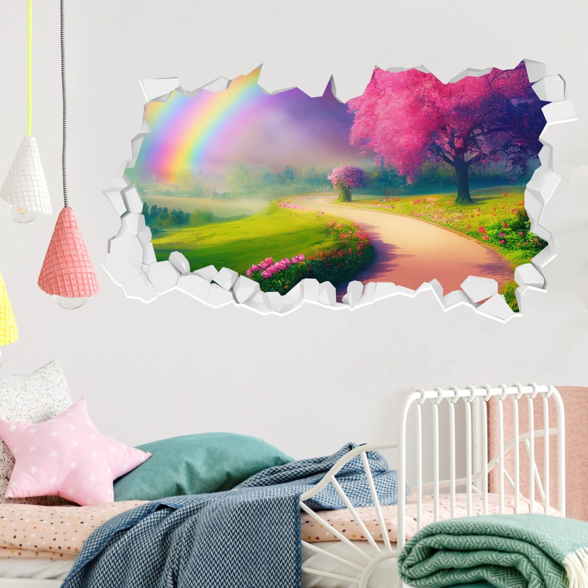 Rainbow Wall Sticker - Pink Rose Garden Rainbow Broken Wall