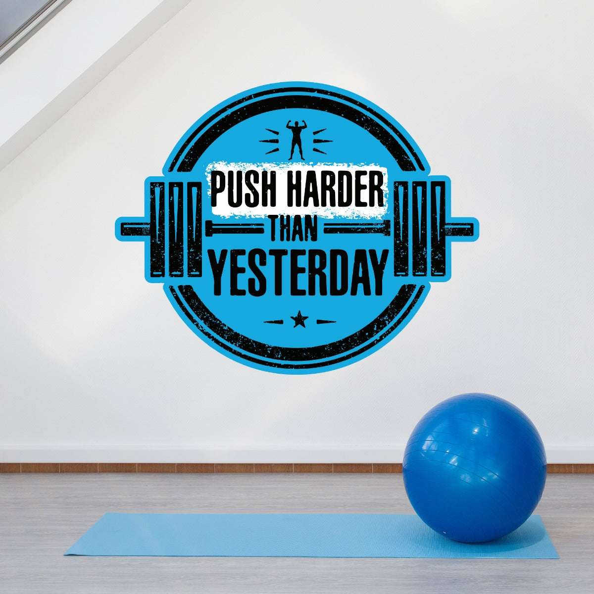 Gym Wall Sticker - Push Harder Than Yesterday Barbell Circle