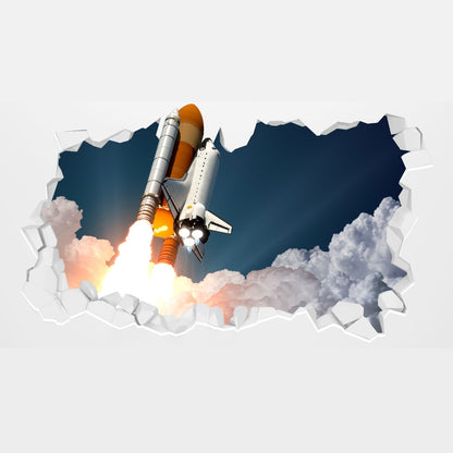 Space Wall Sticker - Rocket Ship Blasting Through Broken Wall