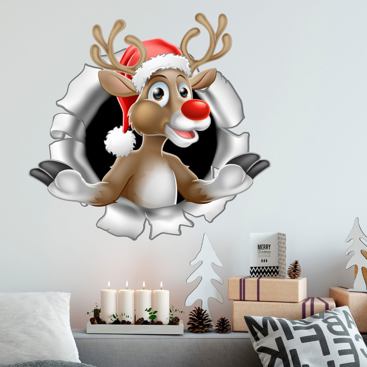 Rudolph Ripping Through Wall Decal