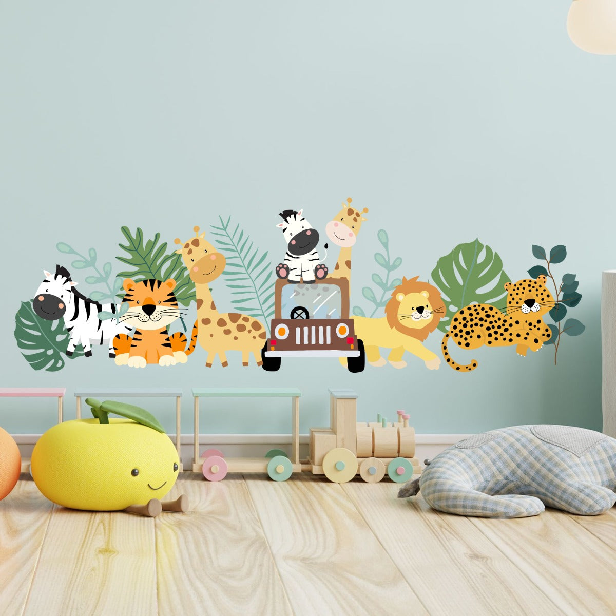 Nursery Wall Sticker - Safari Animals with Truck and Leaves