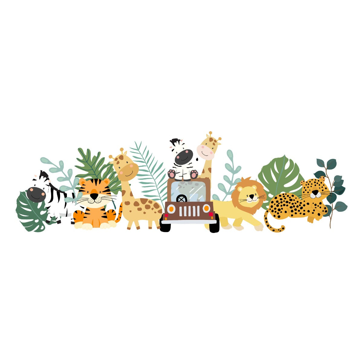Nursery Wall Sticker - Safari Animals with Truck and Leaves