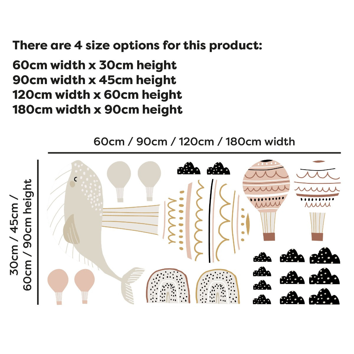 Nursery Wall Sticker - Whale Hot Air Ballon Wall Decal Set