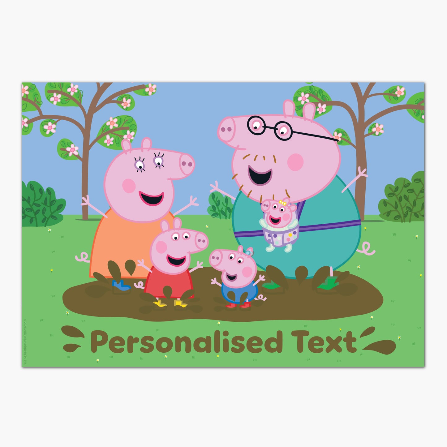 Peppa Pig Print - Peppa and Family Muddy Puddle Personalised Name Poster Wall Art