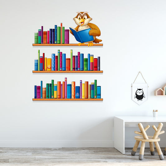Owl on Book Shelves Kids Wall Sticker