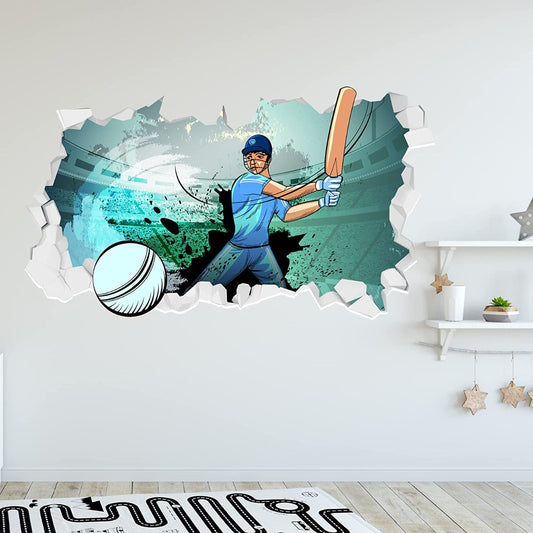 Cricket Wall Sticker - Player Hitting Ball Through Broken Wall