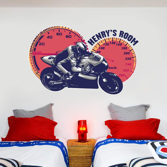 Personalised Motorbike Speedometer Wall Sticker Bedroom Art Decal Mural Kids