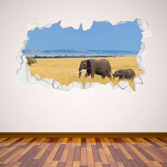 Elephant and Calf Broken Wall Sticker Mural Home Art Vinyl Animal Decal