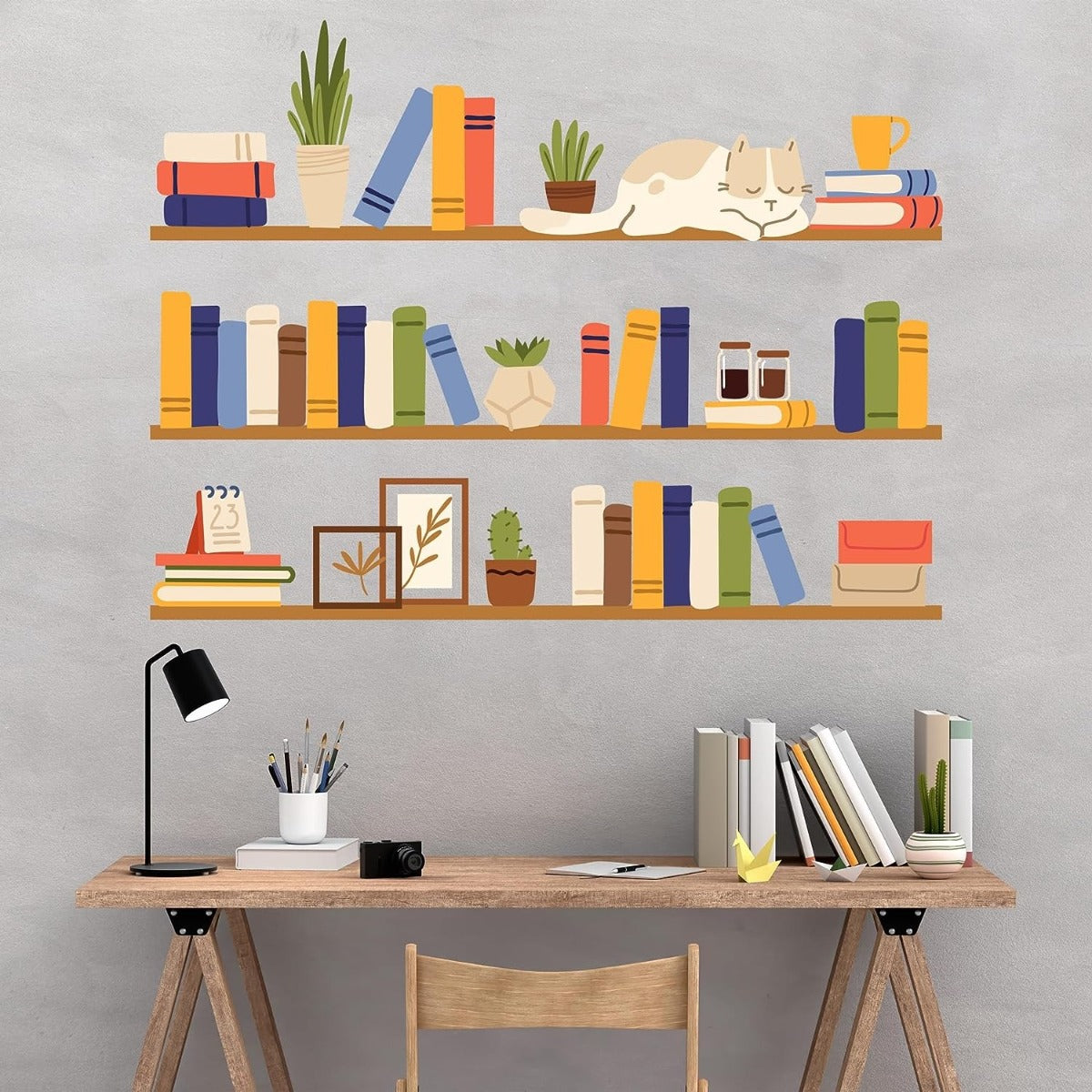 Library Shelf Sticker Shelves Books Plants Cat Wall Sticker – www.themed.co.uk