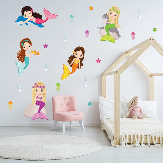 Colourful Mermaid Wall Sticker Set Art Decal Kids Bedroom Mural Ocean