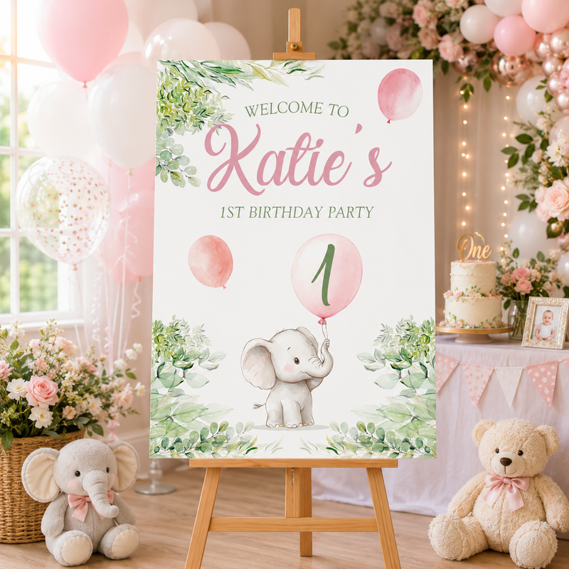 Animal Birthday Sign - Watercolour Elephant With Balloon Personalised Foamex Board