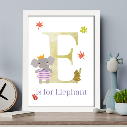 Animal Letter Print - E is for Elephant Poster Wall Art