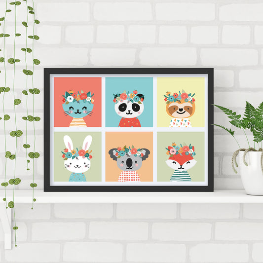 Animal Print - Animals With Floral Headbands Print Wall Art