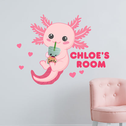 Axolotl Wall Sticker - Pink Axolotl Holding Boba Personalised Wall Sticker