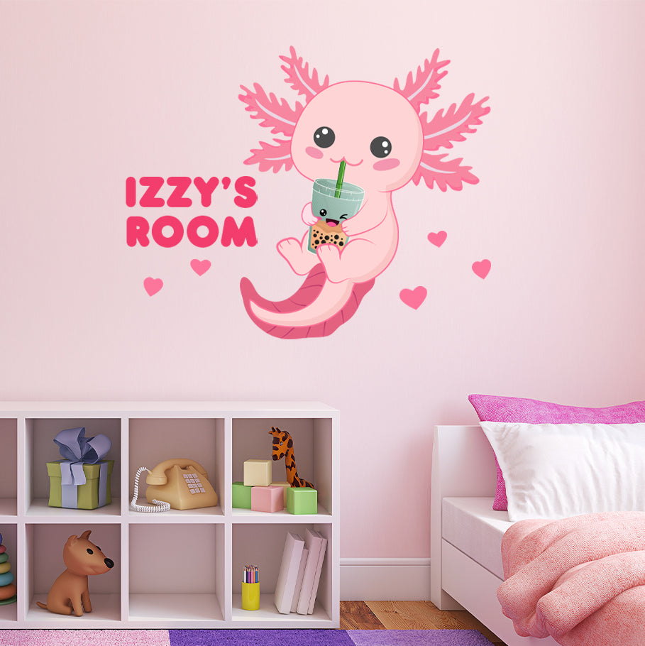 Axolotl Wall Sticker - Pink Axolotl Holding Boba Personalised Wall Sticker