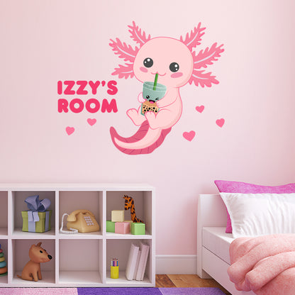 Axolotl Wall Sticker - Pink Axolotl Holding Boba Personalised Wall Sticker