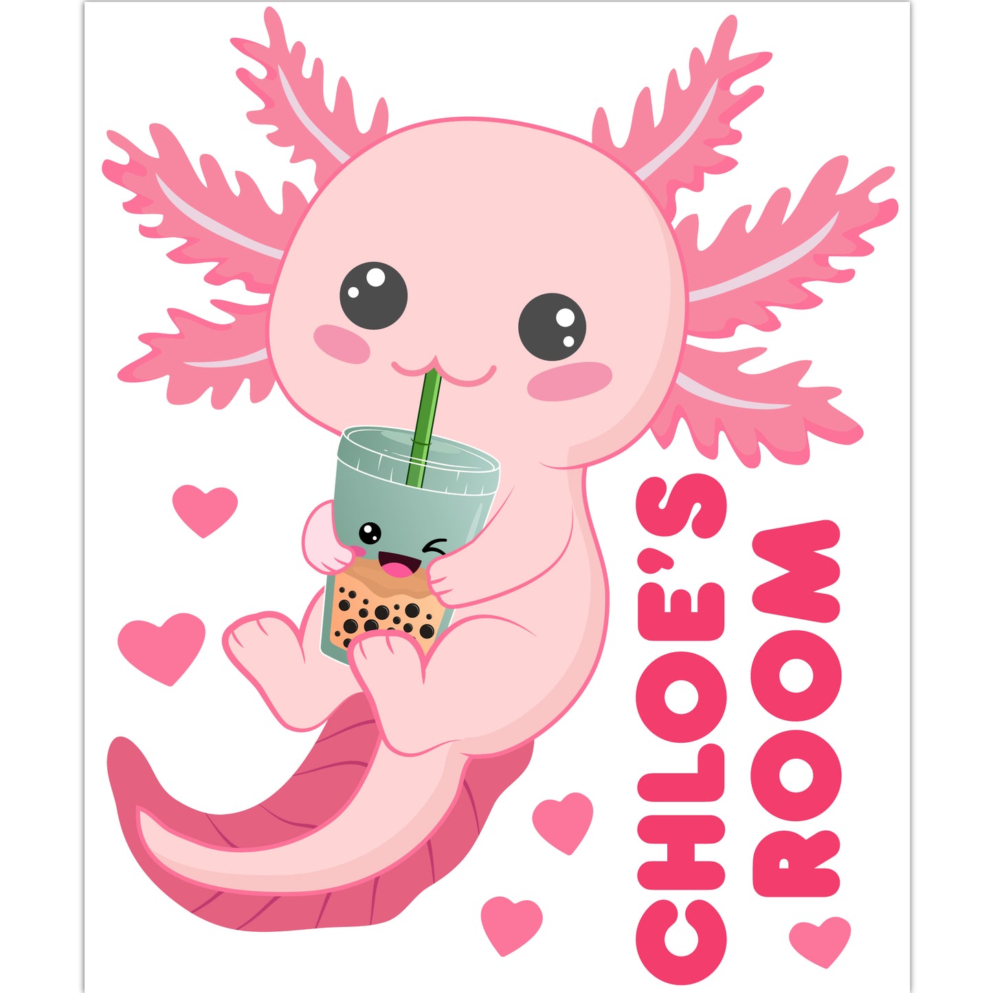 Axolotl Wall Sticker - Pink Axolotl Holding Boba Personalised Wall Sticker