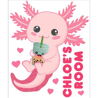 Axolotl Wall Sticker - Pink Axolotl Holding Boba Personalised Wall Sticker