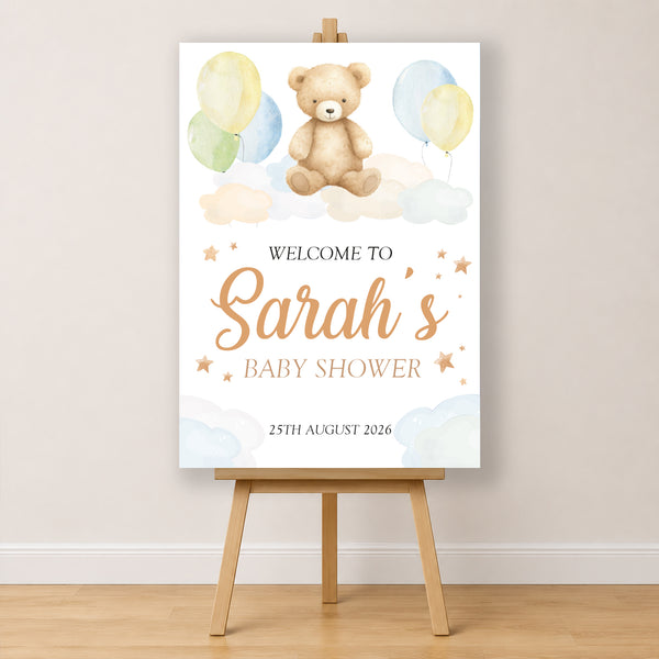 Baby Shower Sign - Bear On Clouds Personalised Foamex Board