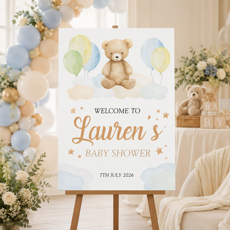 Baby Shower Sign - Bear On Clouds Personalised Foamex Board