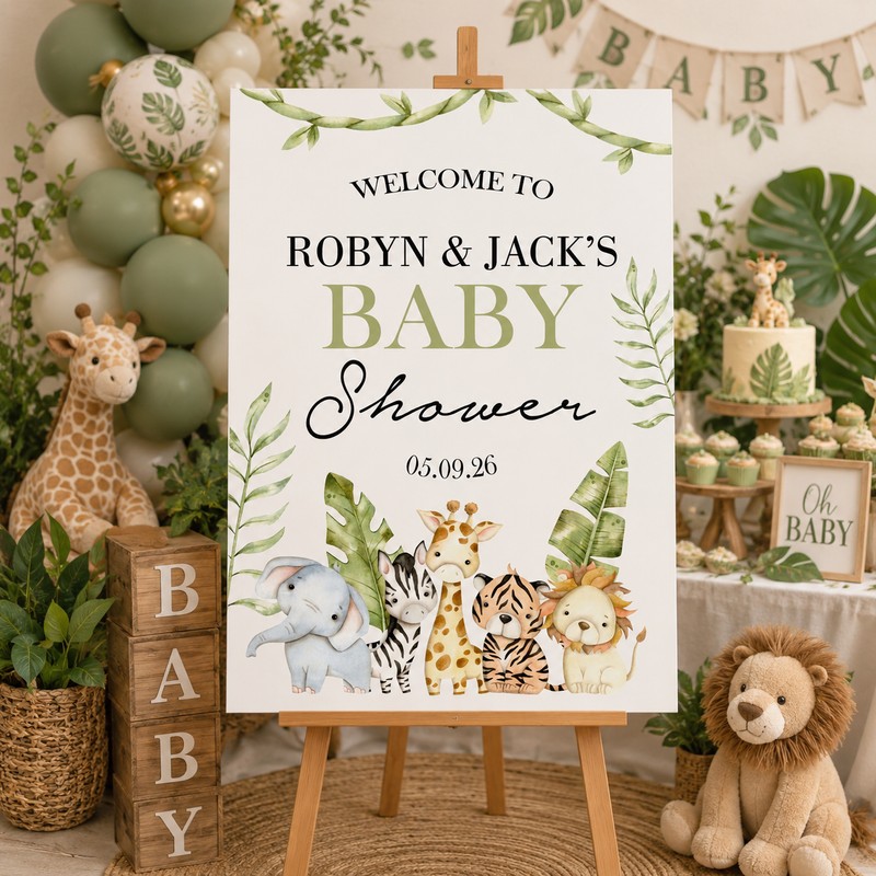 Baby Shower Sign - Watercolour Jungle Animals Personalised Foamex Board
