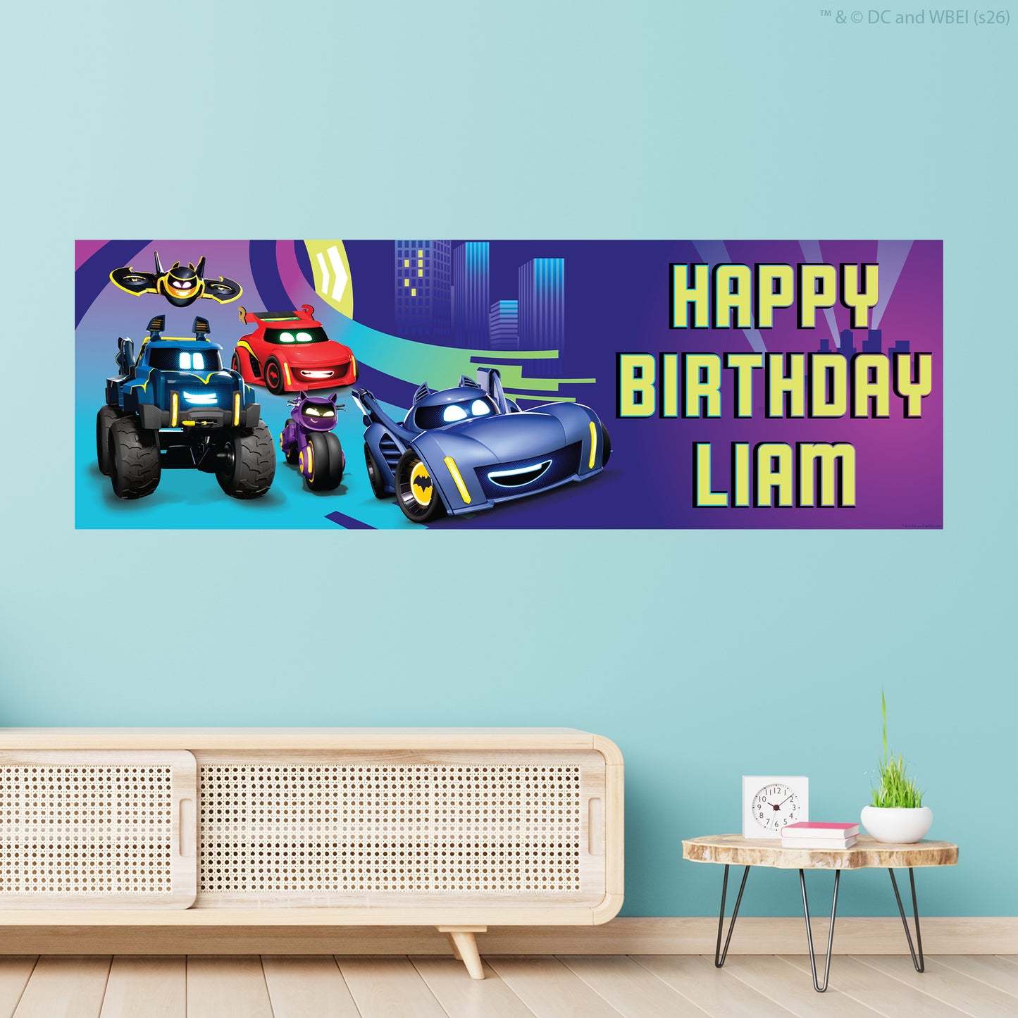 Batwheels™  Birthday - Group Racing In Gotham City Purple Personalised Name Banner Wall Sticker