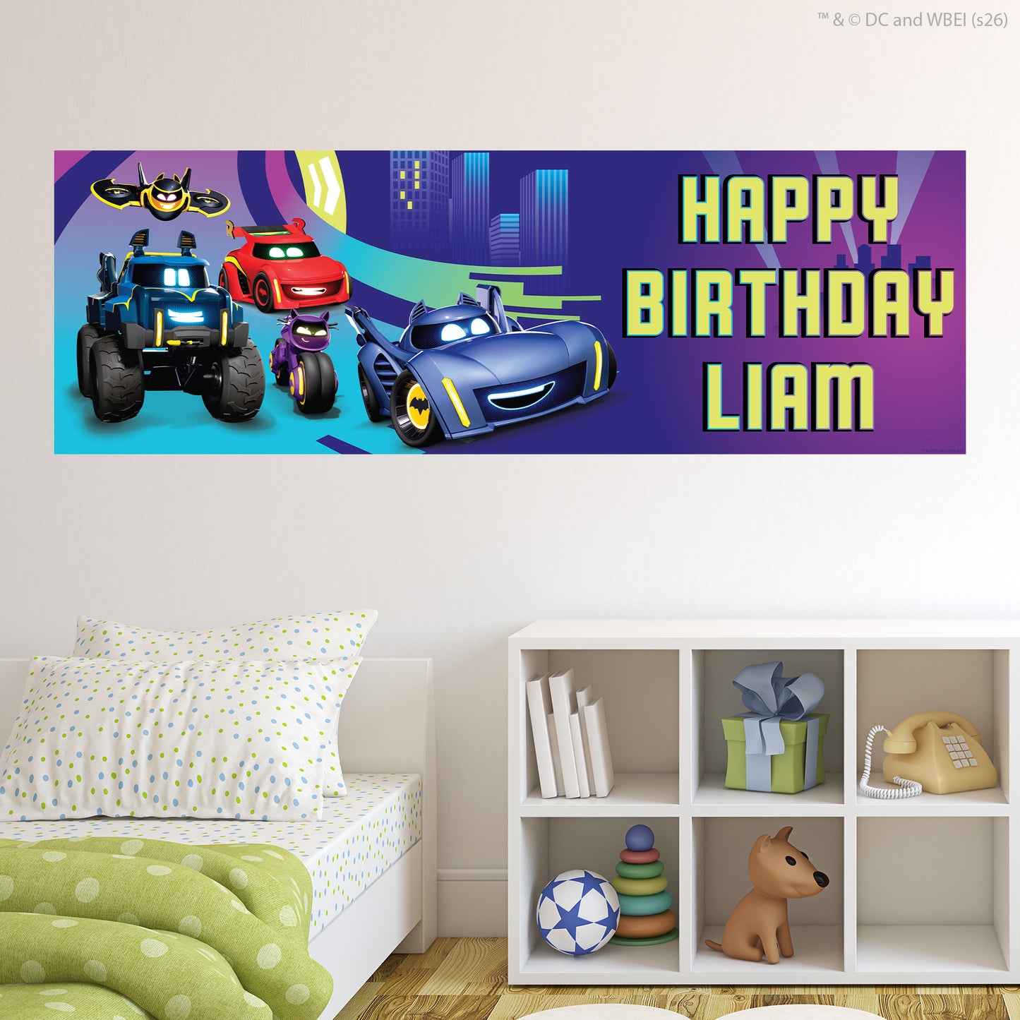 Batwheels™  Birthday - Group Racing In Gotham City Purple Personalised Name Banner Wall Sticker