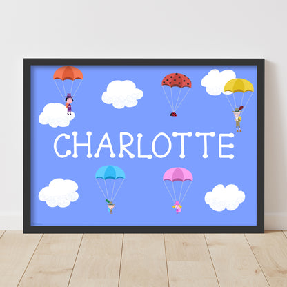 Ben And Holly Print - Explorer Parachuting Personalised Poster Wall Art
