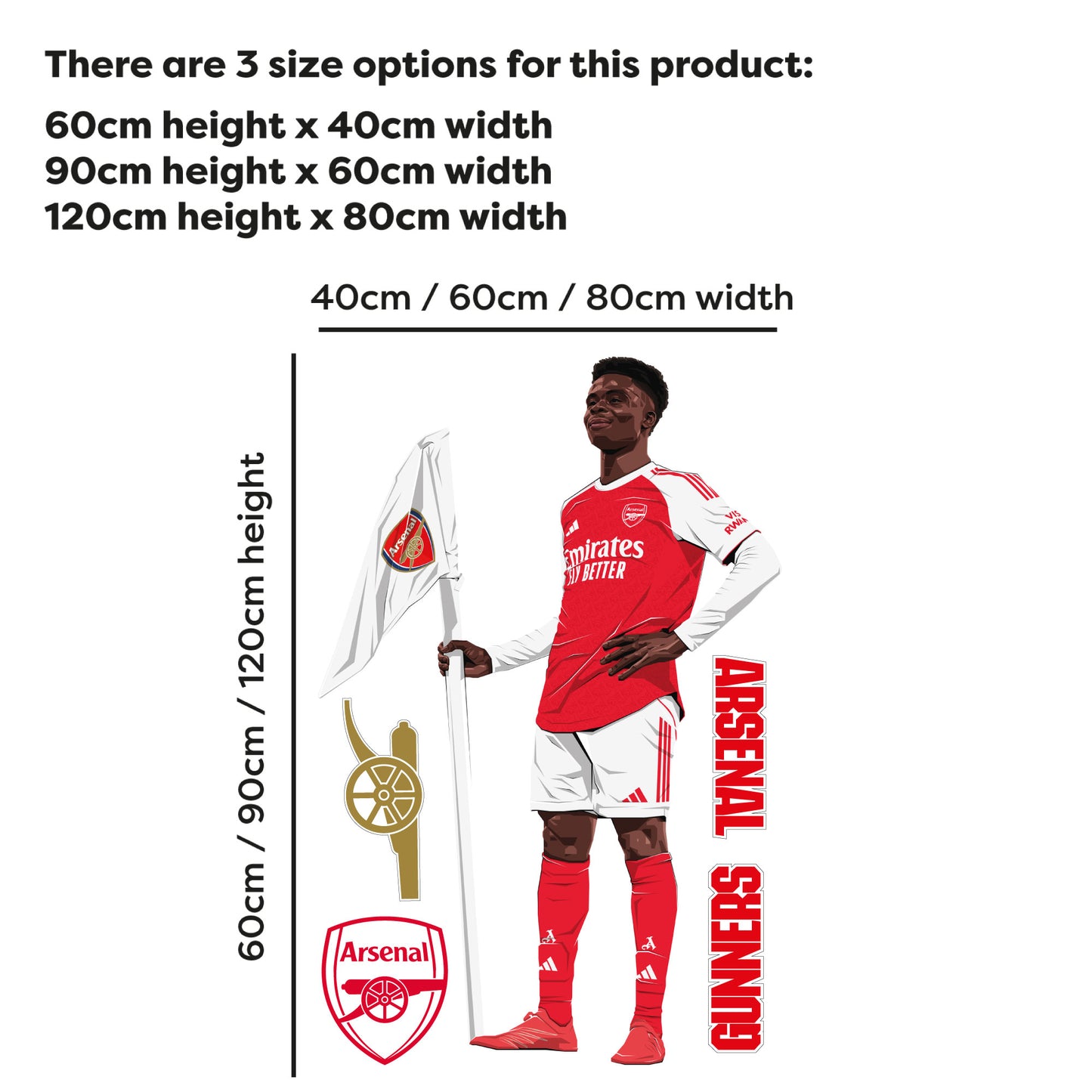 Arsenal FC Wall Sticker - Bukayo Saka 25-26 Illustration + AFC Decals
