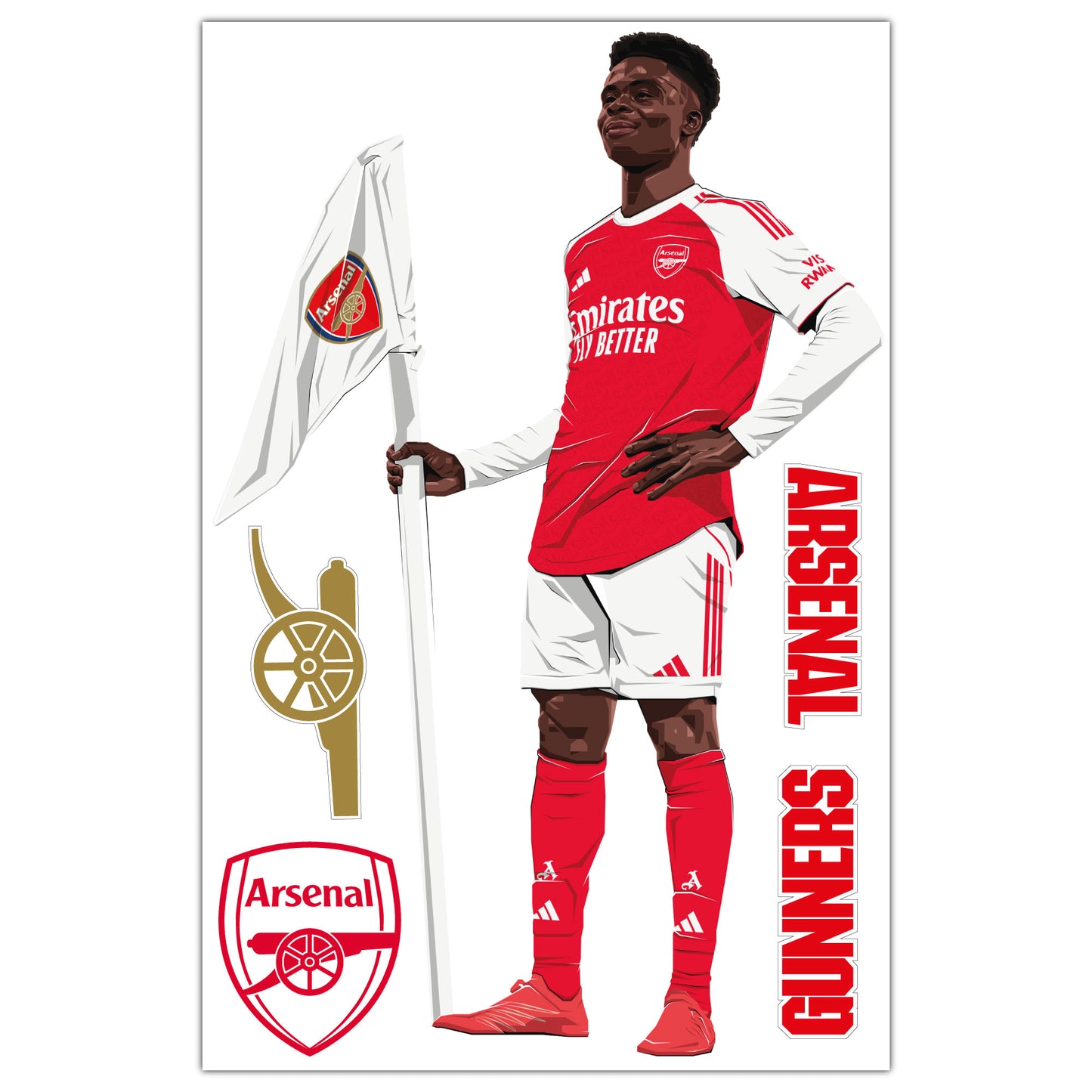 Arsenal FC Wall Sticker - Bukayo Saka 25-26 Illustration + AFC Decals