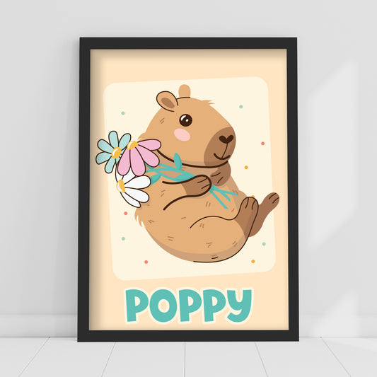 Capybara Print - Capybara Holding Flowers Personalised Poster Wall Art