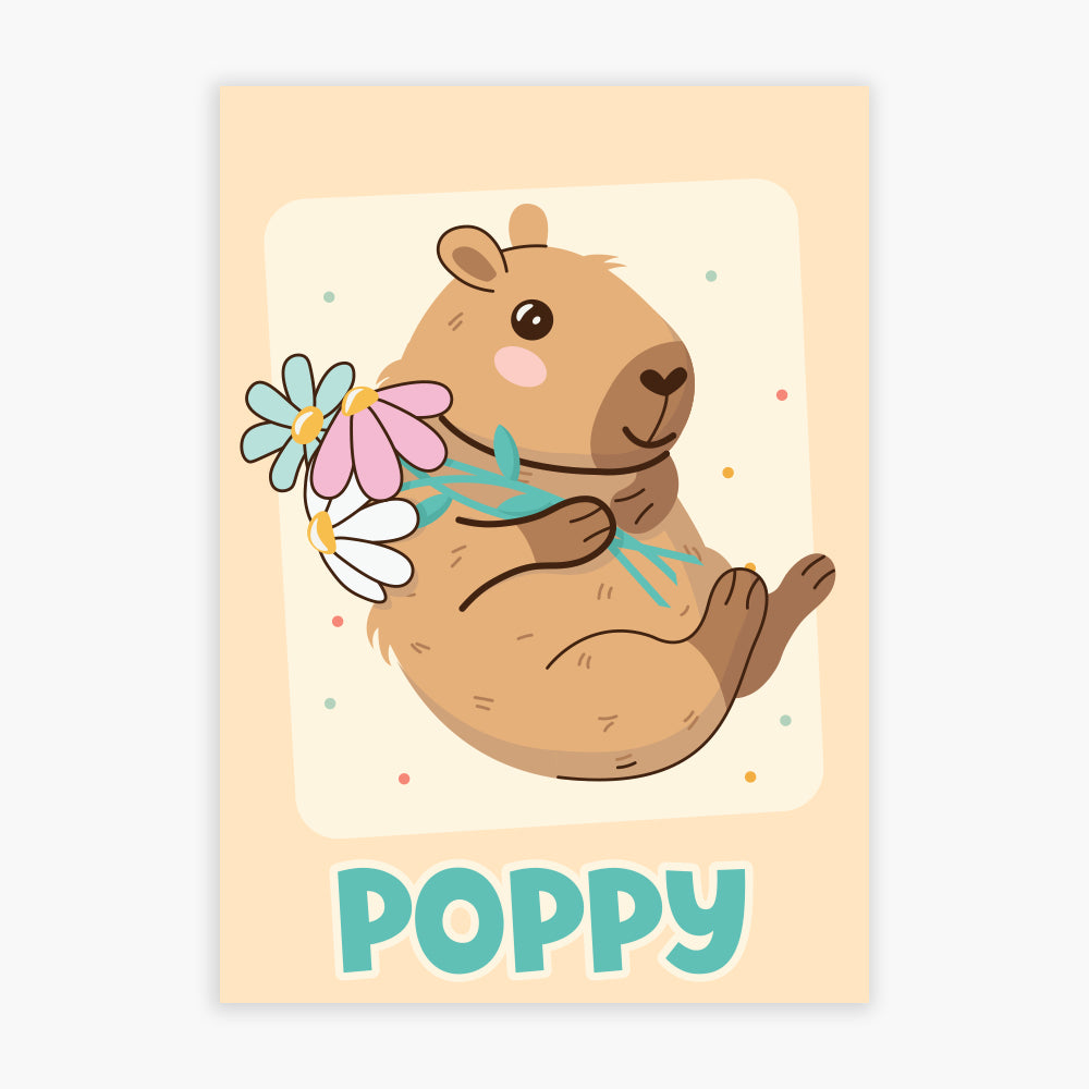 Capybara Print - Capybara Holding Flowers Personalised Poster Wall Art