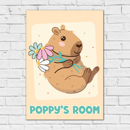 Capybara Print - Capybara Holding Flowers Personalised Poster Wall Art