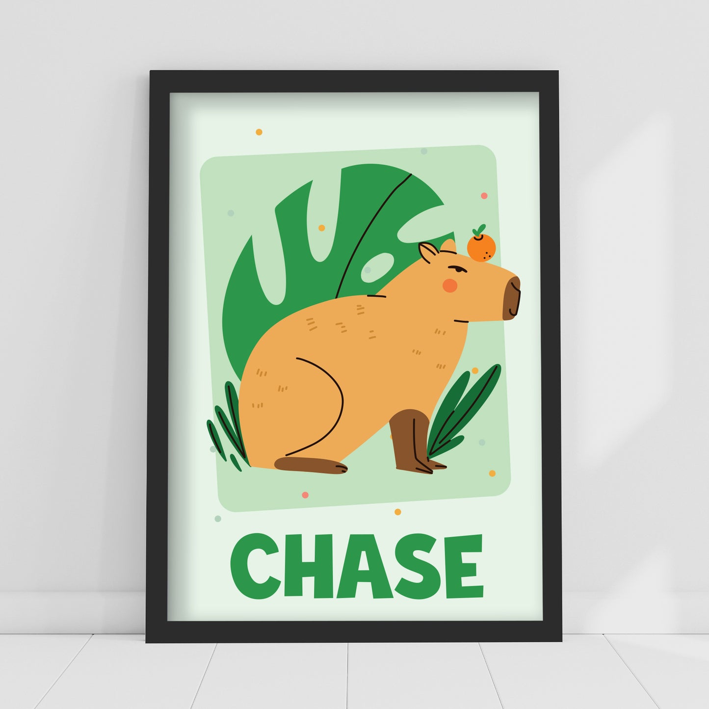Capybara Print - Capybara Green Leaf Personalised Poster Wall Art