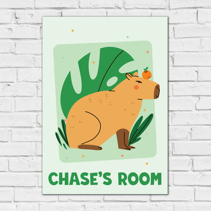 Capybara Print - Capybara Green Leaf Personalised Poster Wall Art