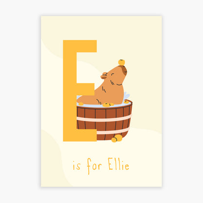 Capybara Print - Letter And Name Personalised Poster Wall Art