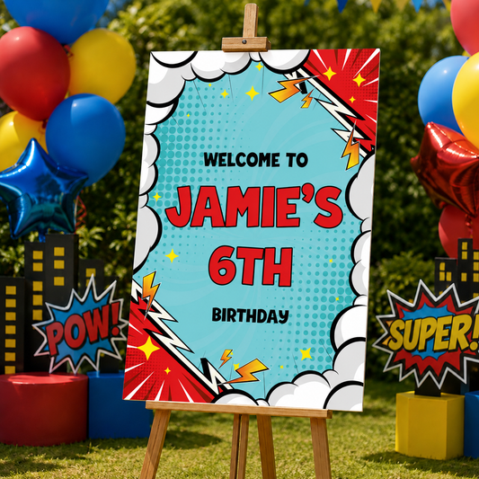 Superhero Birthday Sign - Pop Art Comic Personalised Foamex Board