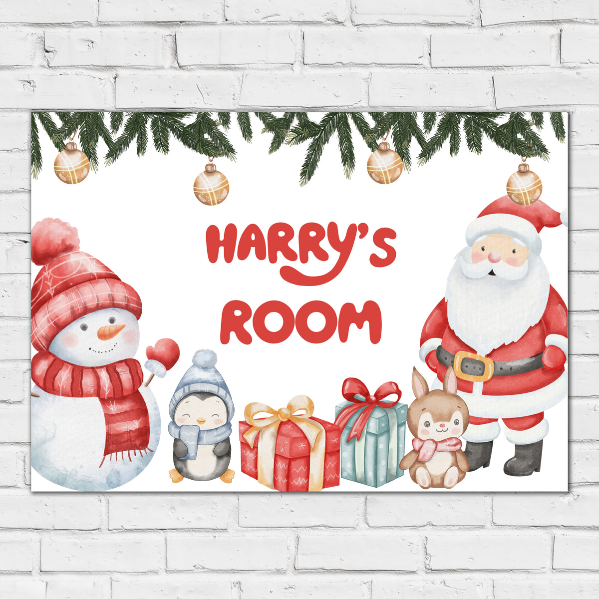 Christmas Print - Watercolour Santa And Friends Personalised Wall Art