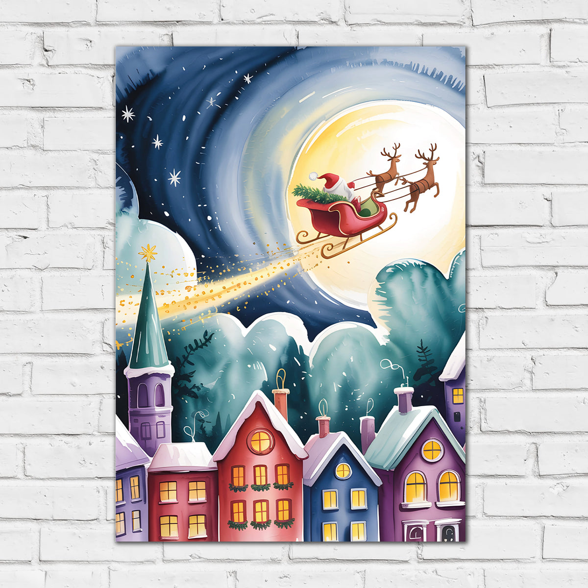 Christmas Print - Santa Flying Over Houses Wall Art