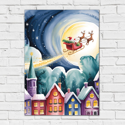 Christmas Print - Santa Flying Over Houses Wall Art