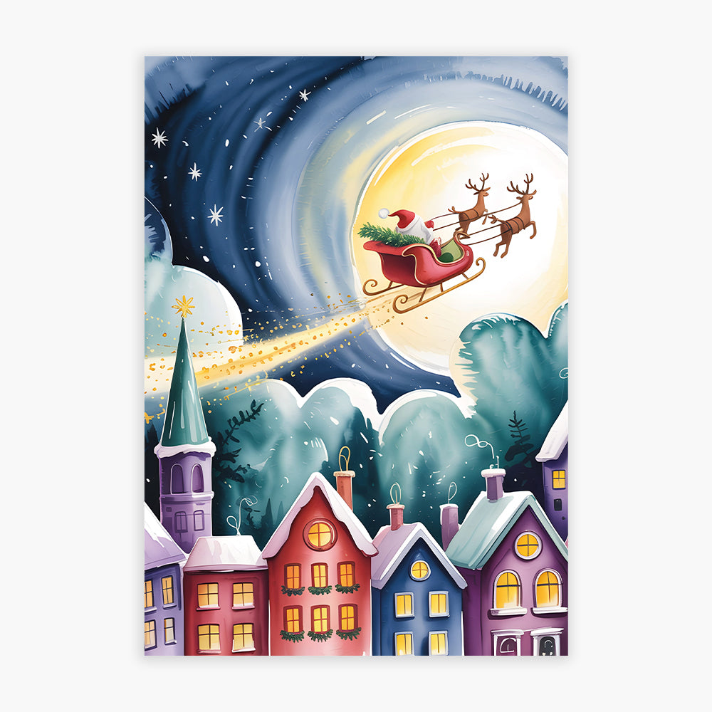 Christmas Print - Santa Flying Over Houses Wall Art